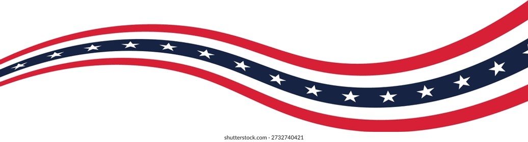 Wavy red, white, and blue ribbon with stars on a white background. Patriotic curved stripe design represents American pride and celebration. Ideal for national holidays and political graphics.