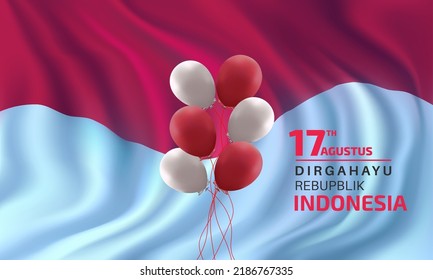 Wavy red and white flag background decorated with realistic balloons. Suitable for the background of the 17 August celebration of Indonesia independence day. 