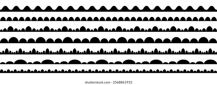 Wavy repeating pattern border collection. Scallop shape frame set for decoration, banner, poster, design. Wave edge seamless stripes for divide and separate. Vector black repeated squiggle stroke pack