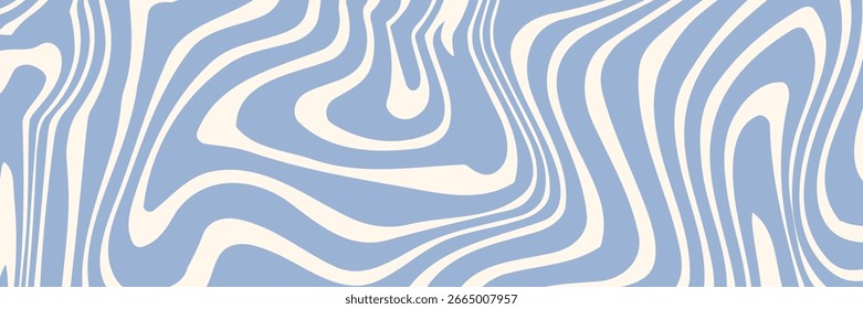 Gewellter abstrakter Retro-Hintergrund. Trippy Hippie Muster im 60er-70er Stil. Kühle, groovige, flüssige Textur. Einfaches Vektordesign in hellblauen und beigen Farben.