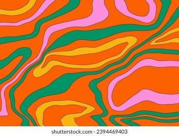 Wavy retro background. Groovy funny pattern. Psychedelic abstract design in 60s 70s retro vibe. Funky print fluid trippy design. Bright vibrant colors. Vector Abstract background for banner, cover.
