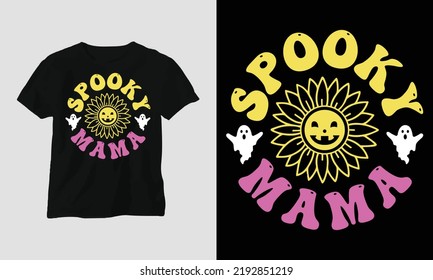 Wavy Retro Groovy T-shirt Design. Quotes with “spooky mama” Design vector Graphic Design T-Shirt, mag, sticker, wall mat, etc. Design vector Graphic Template