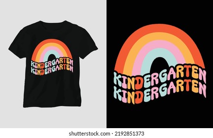 Wavy Retro Groovy T-shirt Design. Quotes with “kindergarten” Design vector Graphic Design T-Shirt, mag, sticker, wall mat, etc. Design vector Graphic Template