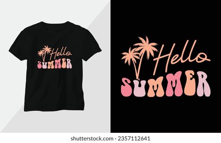 Wavy Retro Groovy T-shirt Design. Quotes with “Hello Summer” Design vector Graphic Design T-Shirt, mag, sticker, wall mat, etc. Design vector Graphic Template