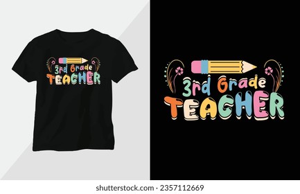 Wavy Retro Groovy T-shirt Design. Quotes with “3rd grade teacher” Design vector Graphic Design T-Shirt, mag, sticker, wall mat, etc. Design vector Graphic Template