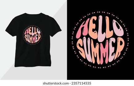 Wavy Retro Groovy T-shirt Design. Quotes with “Hello Summer” Design vector Graphic Design T-Shirt, mag, sticker, wall mat, etc. Design vector Graphic Template