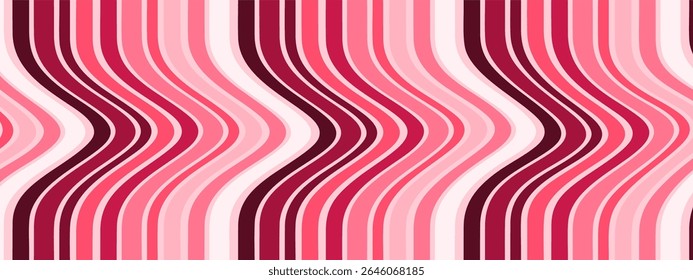 Wavy retro pattern with vertical curves in pink, red, and maroon tones creating a seamless, vibrant, and symmetrical flow.