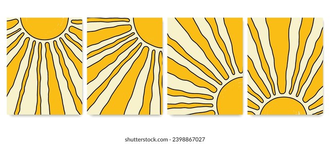 Wavy retro solar wallpaper with sun rays. Psychedelic abstract vintage posters.
