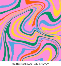 Wavy retro square background. Groovy fluid pattern. Psychedelic abstract design. 60s 70s retro vibe. Funky print trippy design. Bright vibrant colors. Abstract background for banner, cover.
