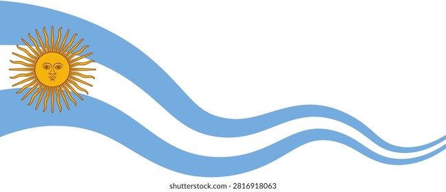 Wavy ribbon of the Argentine flag with light blue stripes and the Sol de Mayo symbol. Perfect background for official announcements, patriotic banners, or sports graphics for fans. PNG. Vector.