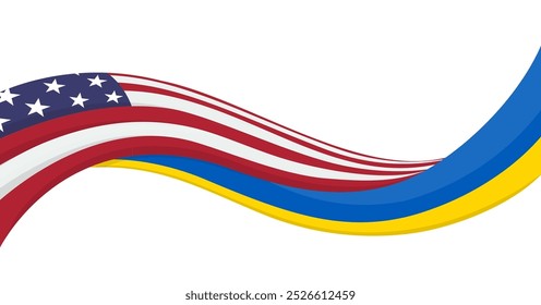 Cinta ondulada Anuncio de la bandera nacional de Ucrania con la bandera nacional de Estados Unidos. Símbolo de unidad y cooperación. Logotipo para eventos sociales de caridad, ONG, equipo deportivo, cumbre de paz. Ilustración vectorial.