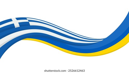 Bandeira de fita ondulada da bandeira nacional da Ucrânia com a bandeira nacional da Grécia. Símbolo de unidade e cooperação. Logotipo para eventos sociais beneficentes, ONG, equipe esportiva, cúpula da paz. Ilustração vetorial.