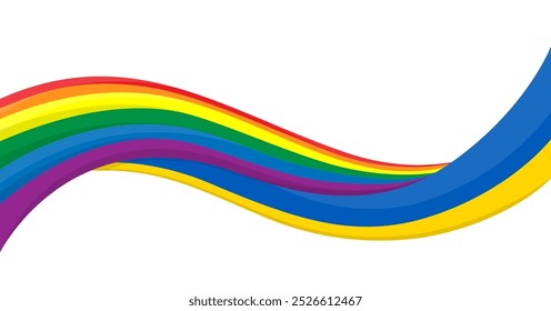 Cinta ondulada Anuncio de la bandera nacional de Ucrania con la bandera del orgullo LGBTQ. Símbolo de campañas de diversidad, eventos de orgullo y gráficos de conciencia social. Ilustración vectorial.