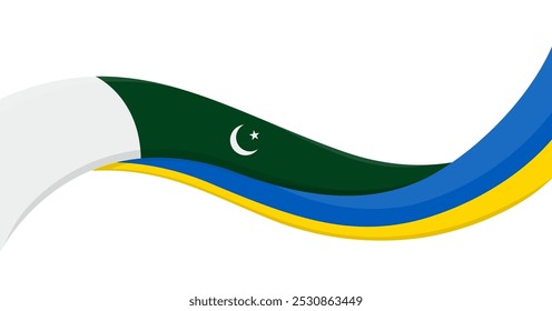 Wavy ribbon banner of Ukraine National flag with Pakistan National Flag. Unity and cooperation symbol. Logo for charity social events, NGO, sports team, peace summit. Vector illustration.