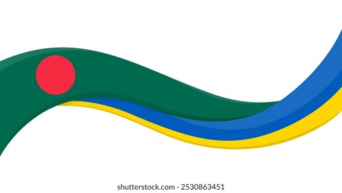 Wavy ribbon banner of Ukraine National flag with Bangladesh National Flag. Unity and cooperation symbol. Logo for charity social events, NGO, sports team, peace summit. Vector illustration.