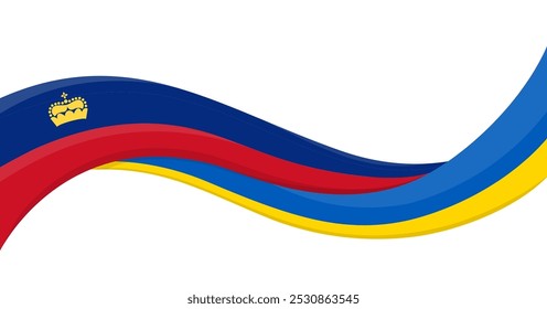 Wavy ribbon banner of Ukraine National flag with Liechtenstein National Flag. Unity and cooperation symbol. Logo for charity and social events, NGO initiative, sport teams. Vector illustration.