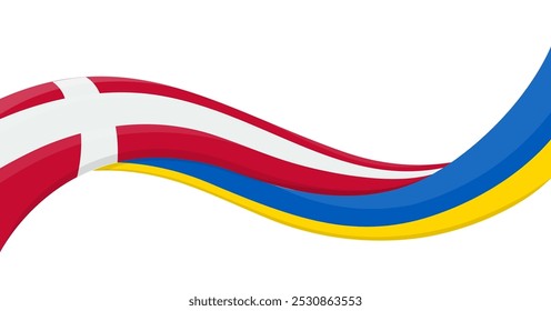 Wavy ribbon banner of Ukraine National flag with Denmark National Flag. Unity and cooperation symbol. Logo for charity and social events, NGO initiative, sport teams. Vector illustration.