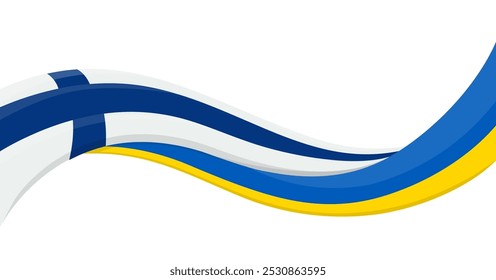 Cinta ondulada Anuncio de la bandera nacional de Ucrania con la bandera nacional de Finlandia. Símbolo de unidad y cooperación. Logotipo para eventos sociales de caridad, ONG, equipo deportivo, cumbre de paz. Ilustración vectorial.