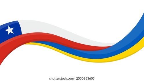 Wavy ribbon banner of Ukraine National flag with Chile National Flag. Unity and cooperation symbol. Logo for charity social events, NGO, sports team, peace summit. Vector illustration.