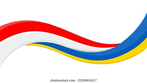 Bandeira de fita ondulada da bandeira nacional da Ucrânia com a bandeira nacional da Indonésia. Símbolo de unidade e cooperação. Logotipo para eventos sociais beneficentes, ONG, equipe esportiva, cúpula da paz. Ilustração vetorial.