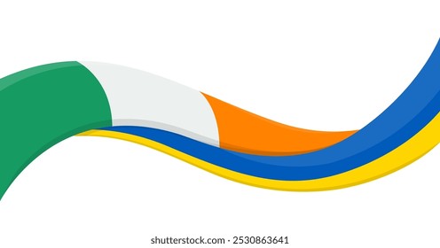 Waveband Banner der Ukraine Nationalflagge mit Irland Nationalflagge. Symbol für Einheit und Zusammenarbeit. Logo für soziale Wohltätigkeitsveranstaltungen, NGO, Sportteam, Friedensgipfel. Vektorgrafik.