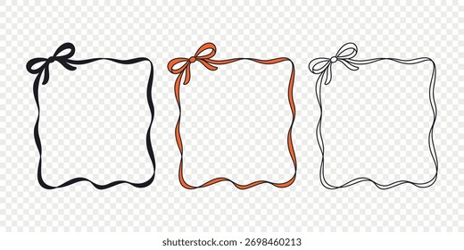 Conjunto de marco de cinta ondulada con arco, Ilustración vectorial. Borde cuadrado ondulado, contorno de marco de cinta. Insignia del marco de la cinta para la invitación, tarjeta de felicitación, etiqueta, etiqueta engomada, Scrapbook, diseño del paquete