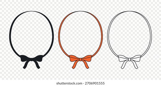 Conjunto de marco de cinta ondulada con arco, Ilustración vectorial. Borde oval ondulado, contorno del marco de la cinta. Insignia redonda del marco de la cinta para la invitación, tarjeta de felicitación, etiqueta, etiqueta engomada, Scrapbook, diseño del paquete