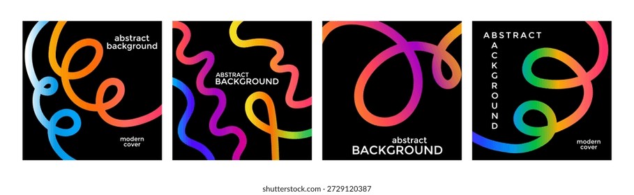 Cintas onduladas, líneas gruesas. Ondas de cinta de color arco iris de Vector. Portadas abstractas minimalistas, colección de carteles. Gradiente de arco iris sobre fondo negro.