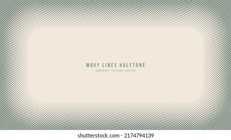 Wavy Ripple Lines Halftone Engraving Pattern Abstract Vector Vignette Rounded Frame Pale Green Border Isolate On Light Back. Half Tone Art Graphic Etching Aesthetic Neutral Retro Design Wallpaper