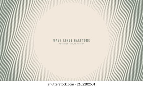 Wavy Ripple Lines Halftone Engraving Pattern Abstract Vector Round Frame Pale Green Border Isolated On Light Background. Half Tone Art Graphic Radial Etching Aesthetical Neutral Retro Design Wallpaper