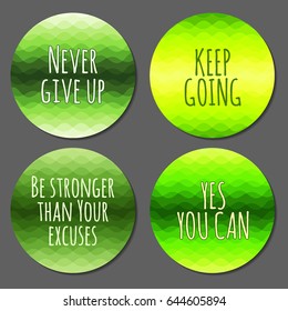 Wavy ripple stripes circle frames, inspirational quotes. Motivational posters, banners vector set. Never give up slogan. Keep going saying. Yes you can quote. Be stronger than your excuses motivator.