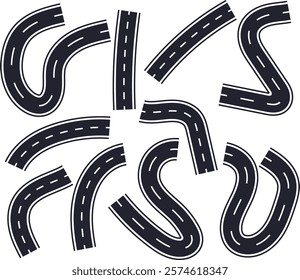 Wavy road vector set, Curved road silhouette, Road art, Curved road set vector illustration