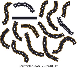 Wavy road vector set, Curved road silhouette, Road art, Curved road set vector illustration