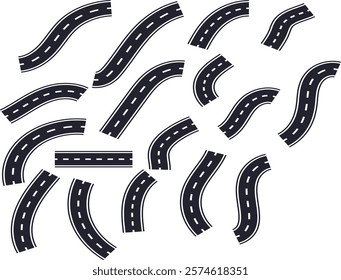 Wavy road vector set, Curved road silhouette, Road art, Curved road set vector illustration