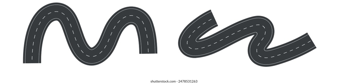 Wavy road with winding curves and horizontal path. Top view of race track and highway. Flat vector illustration isolated on white background.