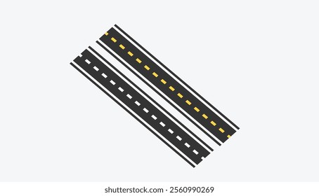 Wavy road with winding curves and horizontal path. Curved road yellow white markings, vector illustration 02