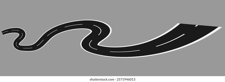 Wavy road with winding curves and horizontal path. Top view of race track and highway. Flat vector illustration isolated Vector Curved road with white lines. Vector illustration. EPS 10