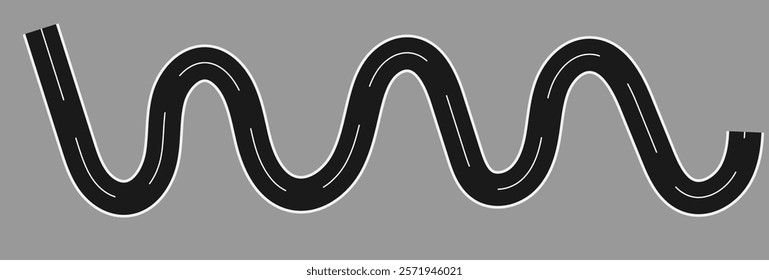 Wavy road with winding curves and horizontal path. Top view of race track and highway. Flat vector illustration isolated Vector Curved road with white lines. Vector illustration. EPS 10