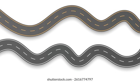 Wavy road with winding curves and horizontal path. Top view of race track and highway. Flat vector illustration isolated on white background