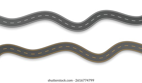 Wavy road with winding curves and horizontal path. Top view of race track and highway. Flat vector illustration isolated on white background