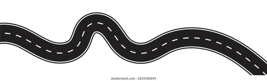 Wavy road with winding curves and horizontal path. Highway or roadway background. Top view of racetrack and highway. Flat vector illustration isolated on white background.