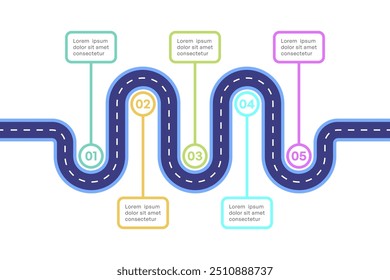 Wavy Roadmap Infographic with Five Steps and Colorful Labels Vector Illustration