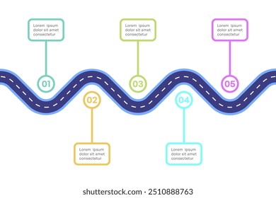 Infográfico de roteiro ondulado com cinco etapas e ilustração de vetor de rótulos coloridos