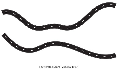 Wavy Roads. Path. Highway. Horizontal Vector on White Background. Race Track with Curves. Black and White Illustration.