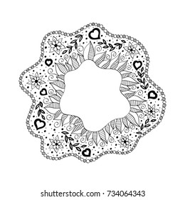 Wavy round frame of nature in doodle art. lovely and full of leaves border for coloring book page design