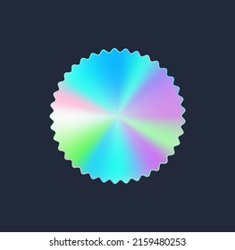 Wavy And Round Holographic Sticker With Iridescent Shiny Texture, Vector Illustration Isolated On Dark Background. Rainbow Hologram Label. Neon Gradient Paper Sticker.