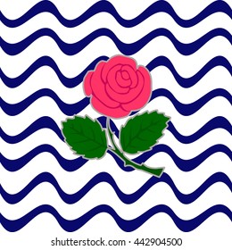 Wavy sailor  stripes seamless vector pattern, blue and white striped background with rose. Wavy striped Vest.