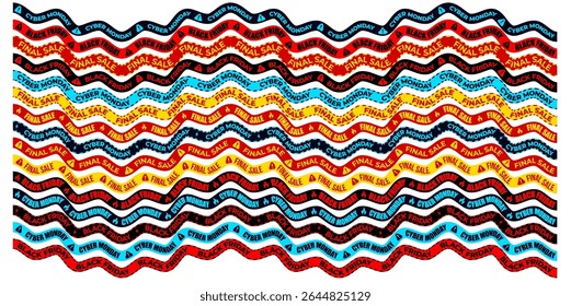 Wavy Sale Ribbons Set with Black Friday, Cyber Monday, Final Sale Messages. Eye-catching line banner tape for Retail, Ecommerce, and Promotion Design. Vector Illustration
