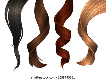 Wavy Sample of Different Coloring Hair. Vector Realistic 3d Illustration. Design Element for Hairdressers, Beauty Salons, Hair Care Cosmetics, Shampoo or Conditioner Packaging