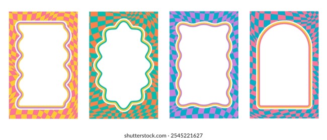 Wavy scallop border. Rectangle fun wavy chessboard frame. Cartoon hand drawn shapes for text picture and photo. Doodle groovy vector psychedelic template. Abstract funky y2k squiggle checkered bubble